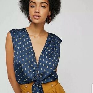 Free People Sleeveless Tie Front Blouse Navy Blue Gold Print Size L